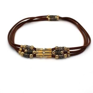 Y2K Leather Boho Belt Brown Brass Buckle Womens Small Beads Vintage Statement